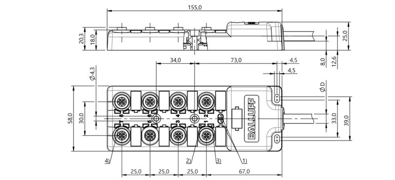 Распределительная коробка Balluff BPI 8M4A5P-2K-B0-KPXL0-050